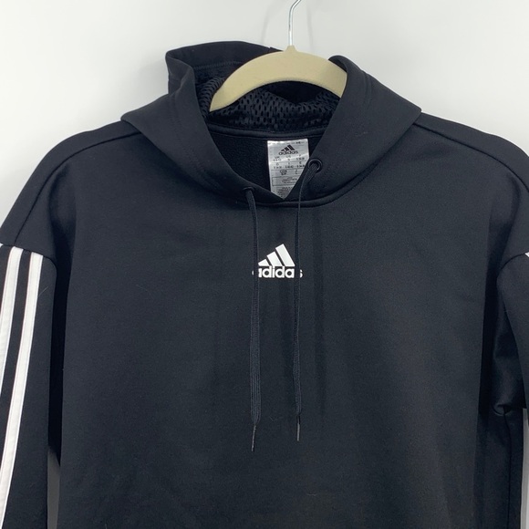 ADIDAS Women Small Hoodie Pullover Sweatshirt Top Black White 3 Stripe Fleece - Picture 2 of 9